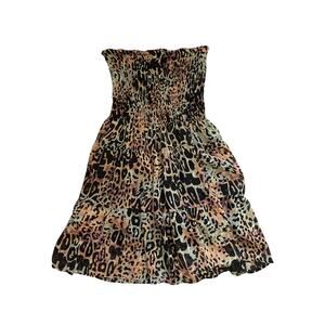 Vintage New Glory Colorful Leopard Print Strapless Mini Dress Shirred Small